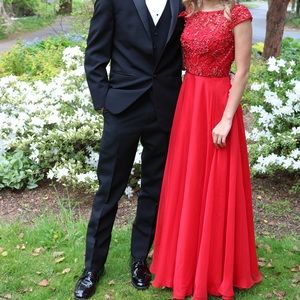 Red Beaded Off the Shoulder Sherri Hill Prom Dress